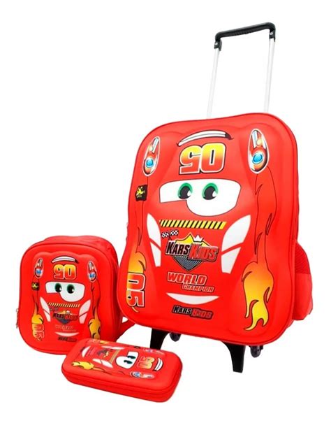 Kit Mochila Carros 3d Com Rodinhas E Lancheira.